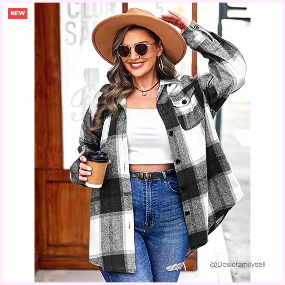 Plus Size Flannel Shacket Jacket Long Sleeve Butt… - image 2